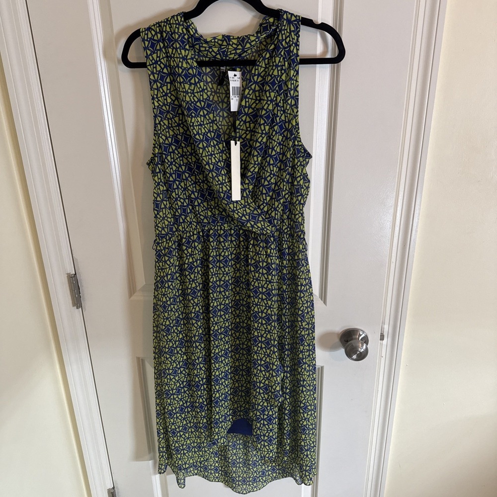 Kut From The Kloth Evy Dress Blue & Lime Geometric Faux Wrap Dress Sz 12 NWT